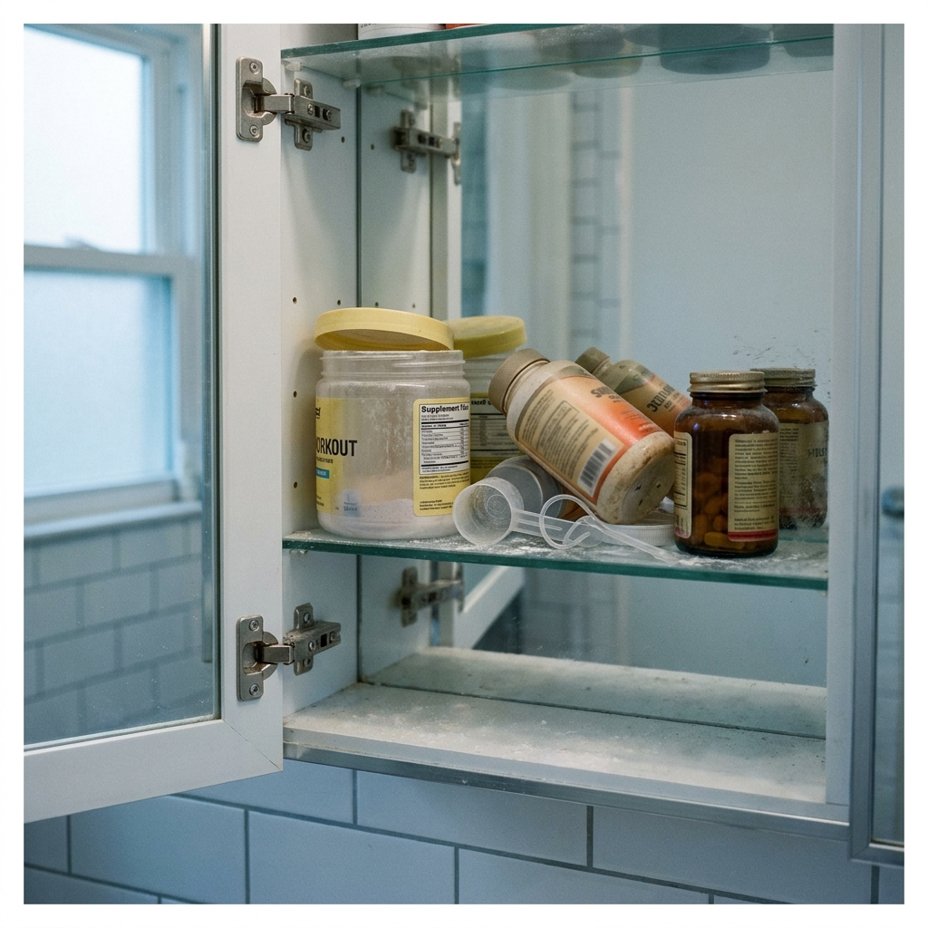 Bathroom cabinet shelf with half-used pre-workouts and supplement bottles. PURPOSE: failed-attempts recognition.
