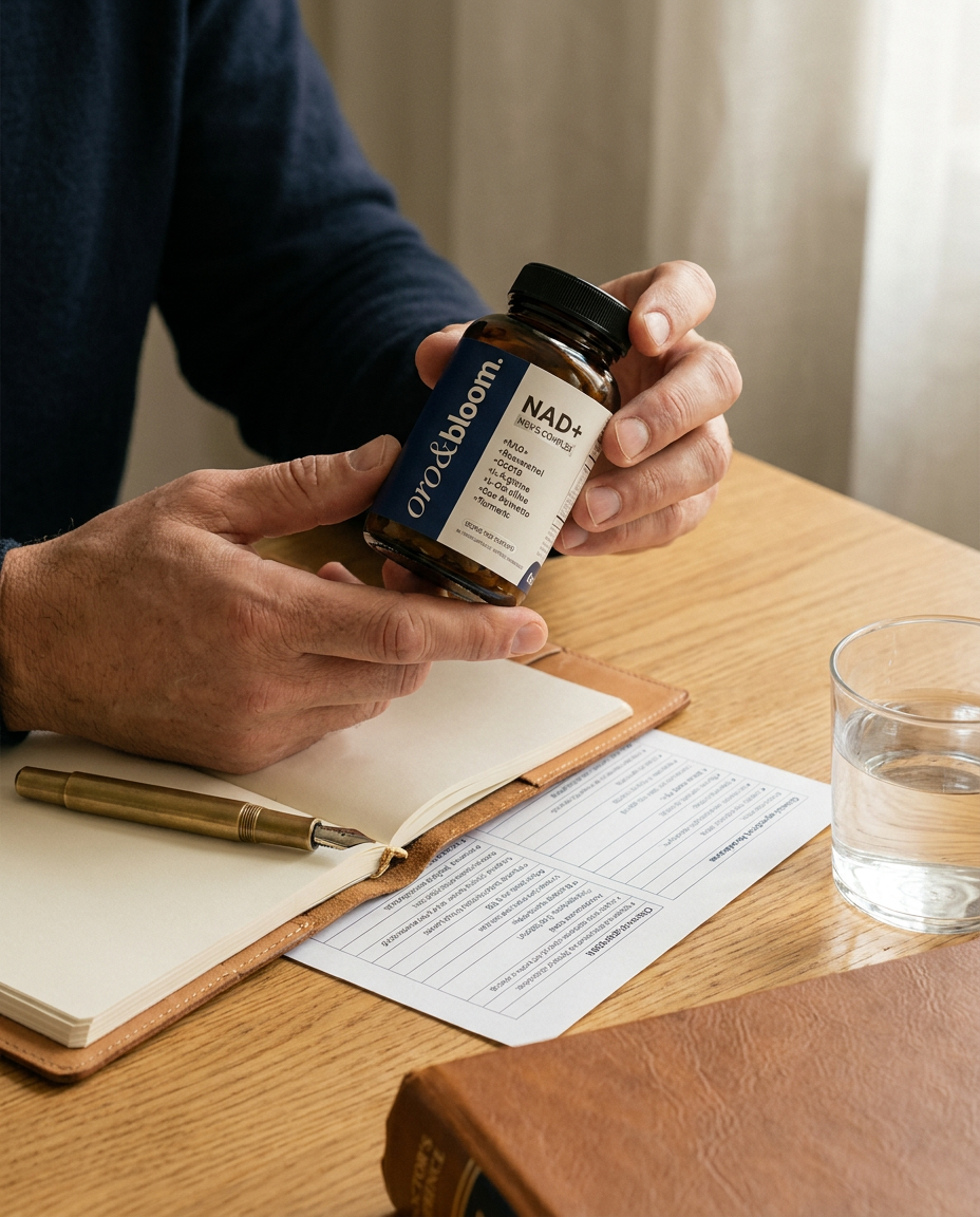 Hands holding the NAD+ bottle next to label sheet and notebook on a wooden desk. PURPOSE: authority + transparency.