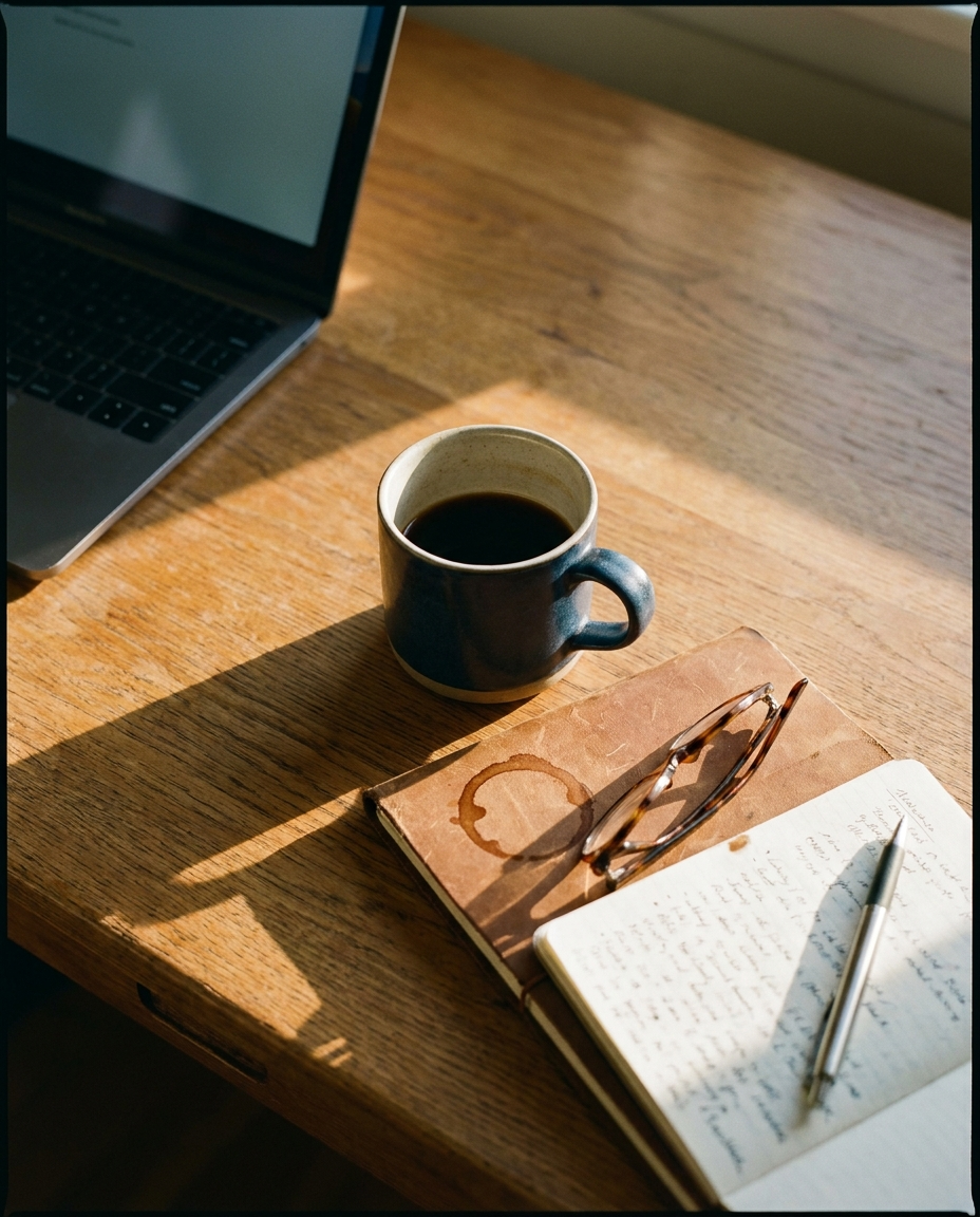 3 PM desk still life. Half-finished coffee, papers, laptop edge, late light. PURPOSE: pain tangibility.