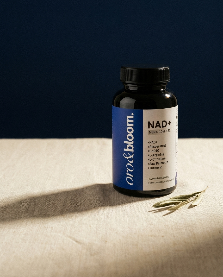 NAD+ Men's Complex bottle macro, cream + navy palette, soft daylight, slight grain. PURPOSE: tactile desire + confidence call-forward.