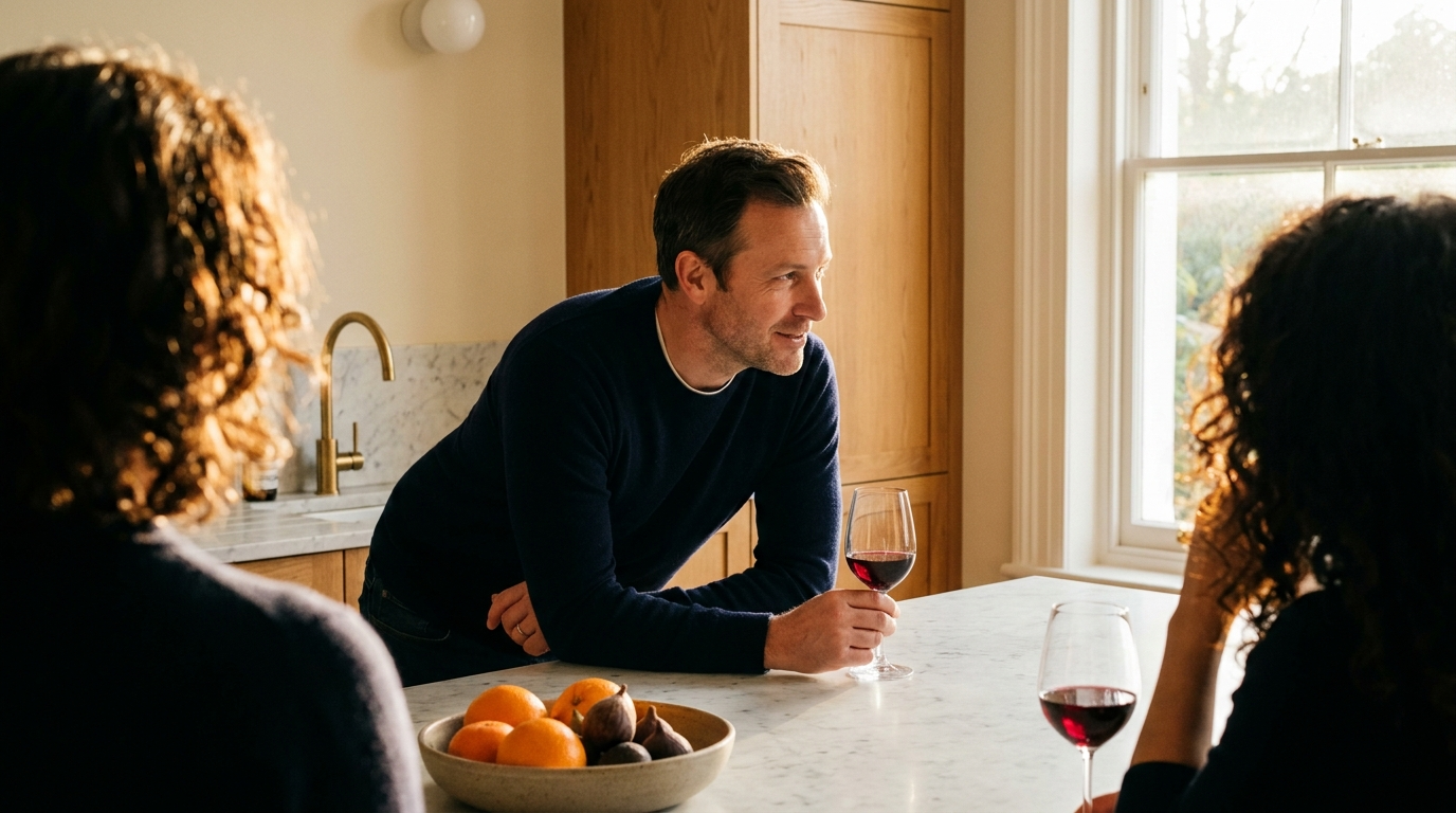 Couple in kitchen at evening, soft window light, glass of wine, in conversation. PURPOSE: aspirational dual-meaning payoff.