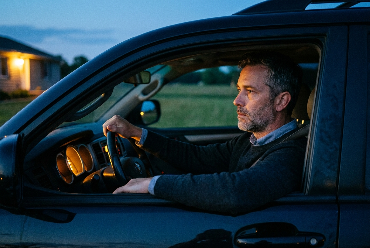 Man in parked car at dusk, hands still on the wheel, before walking inside. PURPOSE: empathy + pattern-interrupt.